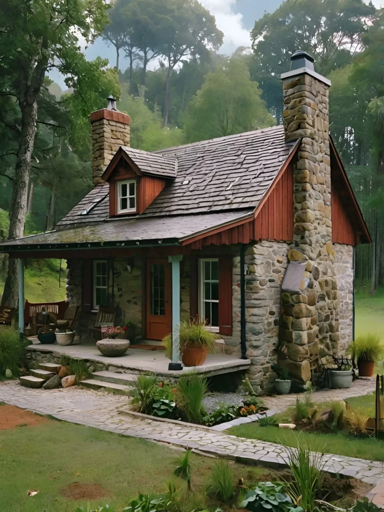 Rustic stone cottage with a covered porch, slate roof, and forest backdrop.