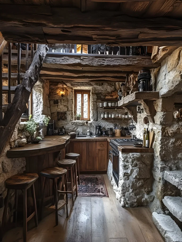 Rustic stone cottage with a covered porch, slate roof, and forest backdrop.