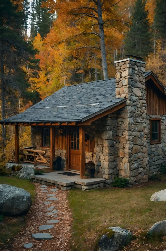 Rustic stone cottage kitchen with wooden beams, breakfast bar, and warm lighting.