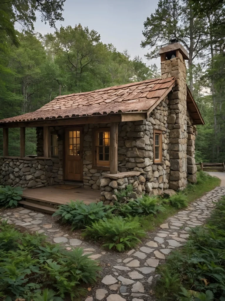 Charming stone cabin with a slate roof, chimney, and autumn foliage.