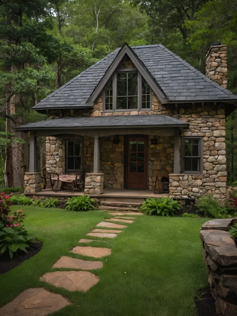 Stone cottage with a steep gable roof, covered porch, and lush garden path.