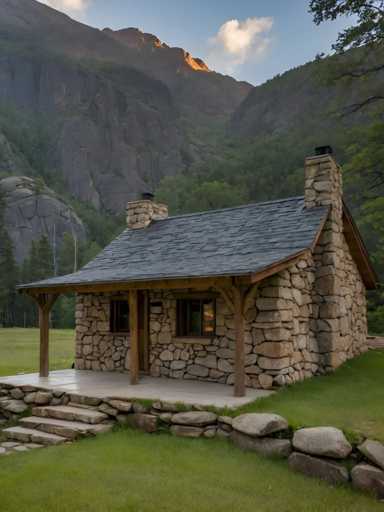 Stone cottage with a steep gable roof, covered porch, and lush garden path.