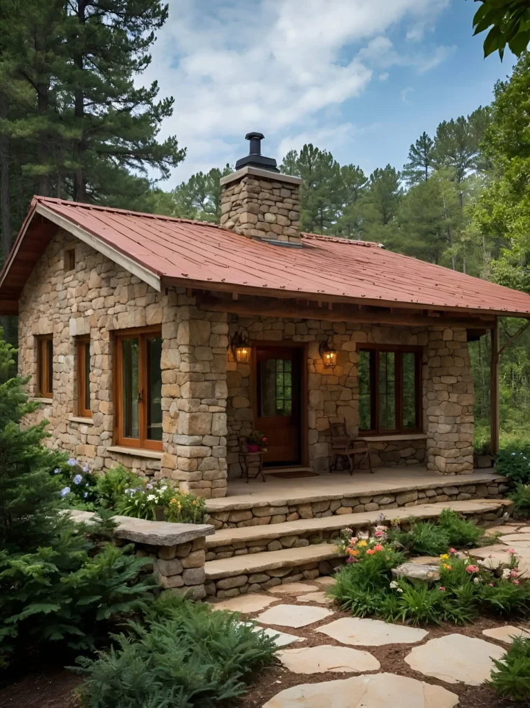 Secluded stone cabin with a slate roof, wooden porch, and mountain views.