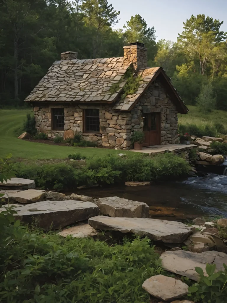 Rustic stone cottage with a red metal roof, stone chimney, and lush surroundings