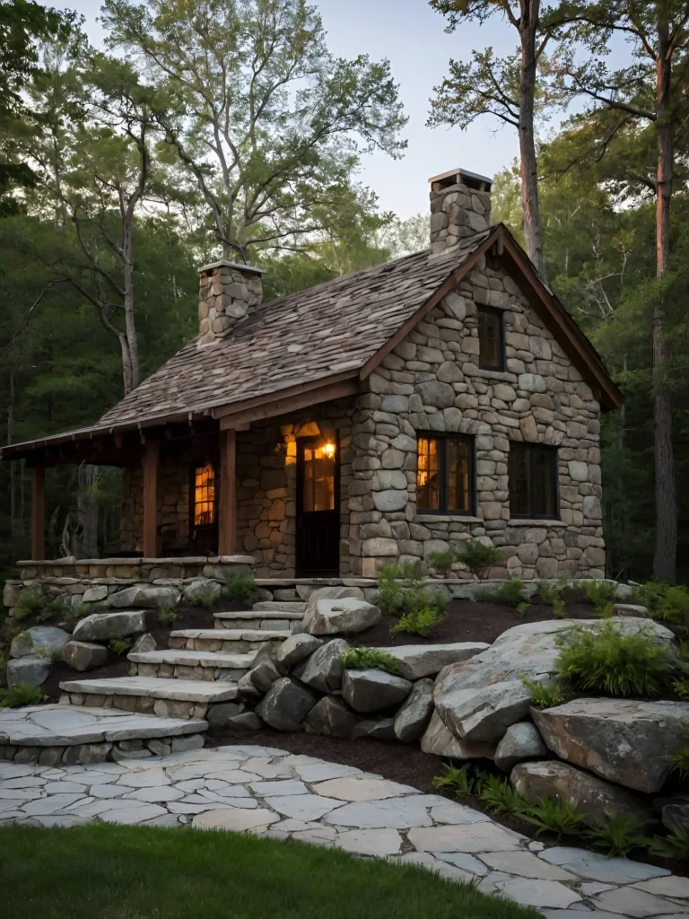 Rustic stone cottage with a slate roof, surrounded by greenery and a flowing stream.