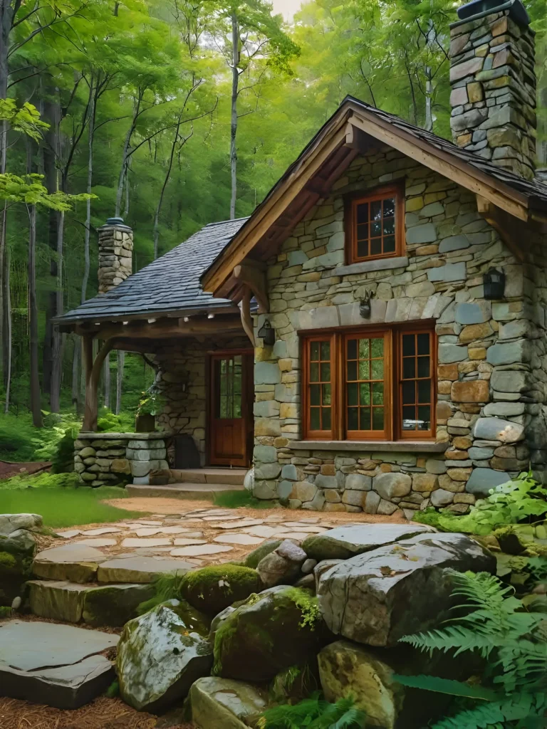 Stone cottage with dual chimneys, steep roof, and natural stone staircase.