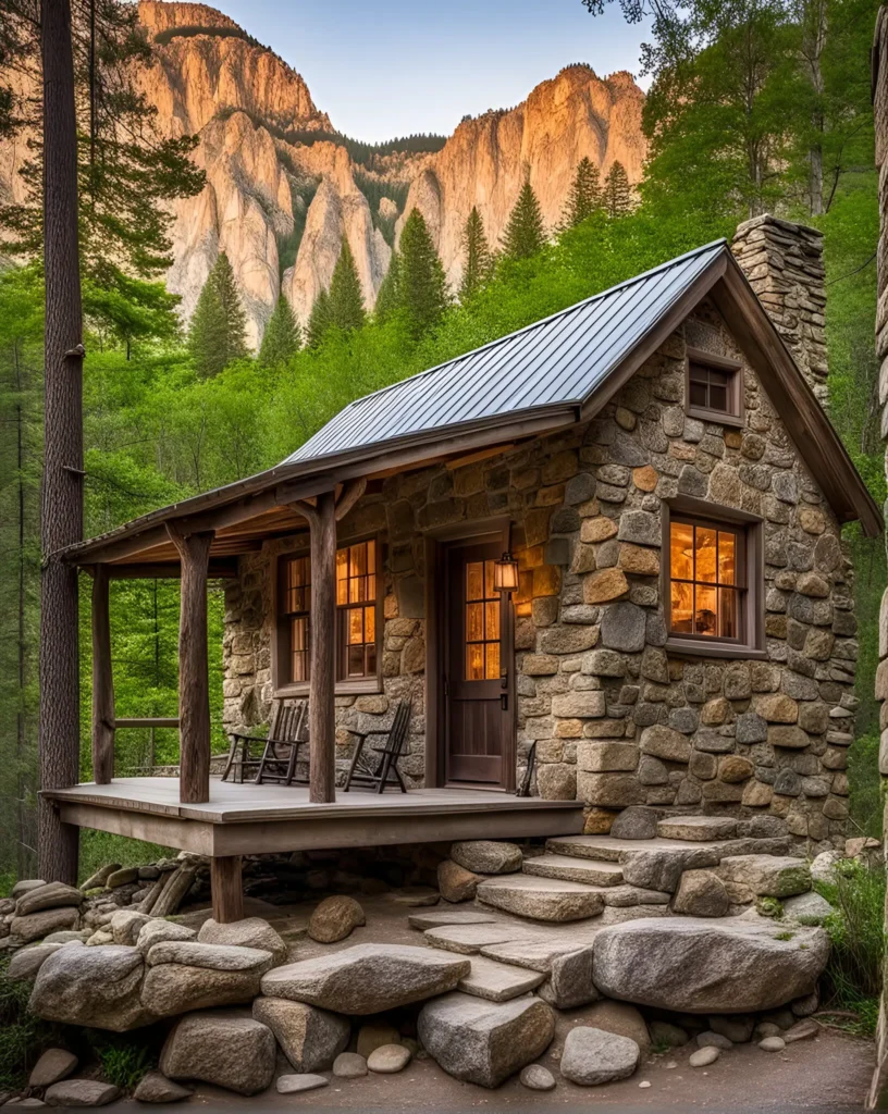 Stone cottage with a covered porch, wooden accents, and lush forest surroundings.