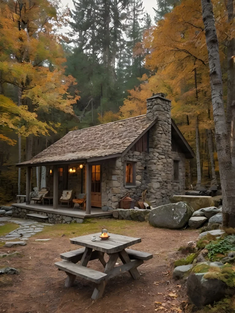 Stone cottage with a covered porch, mountain views, and rustic wooden accents.