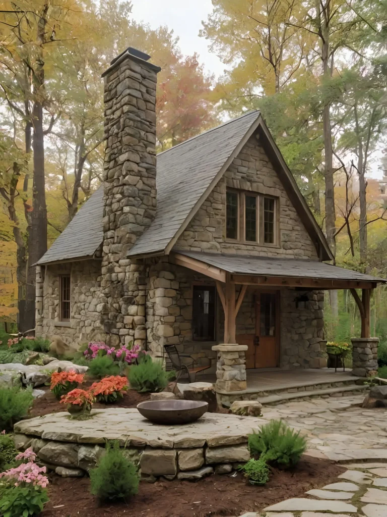 Cozy stone cottage with a wooden porch, picnic table, and autumn foliage.