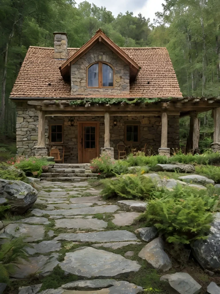 Stone cottage with a tall chimney, gable roof, and landscaped fire pit area. Stone Cottage Designs