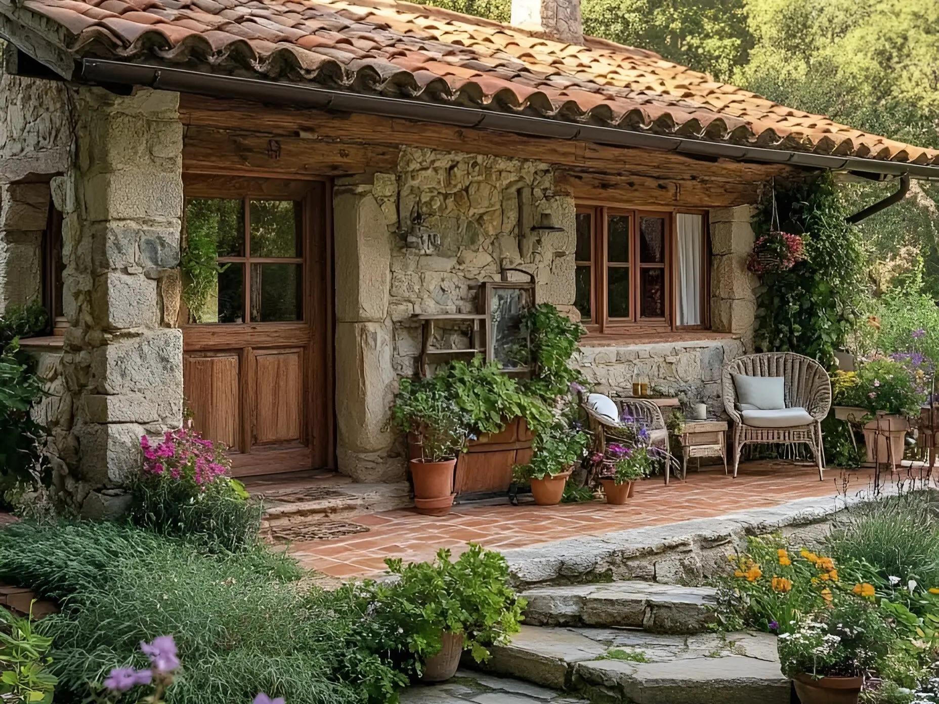 Storybook stone cottage with a dormer window, pergola porch, and terracotta roof.