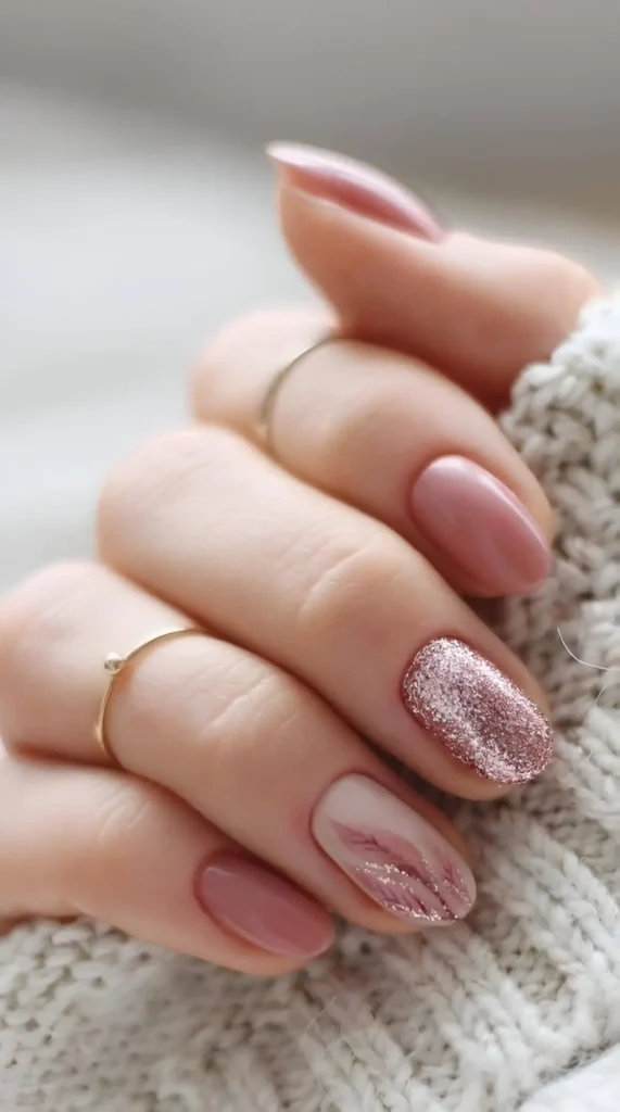 Oval-shaped nails. Some are painted a solid, glossy rose color. One nail is fully covered in rose-gold glitter. One nail has a pale pink base with a marbled design featuring darker pink and thin, white, feather-like strokes.