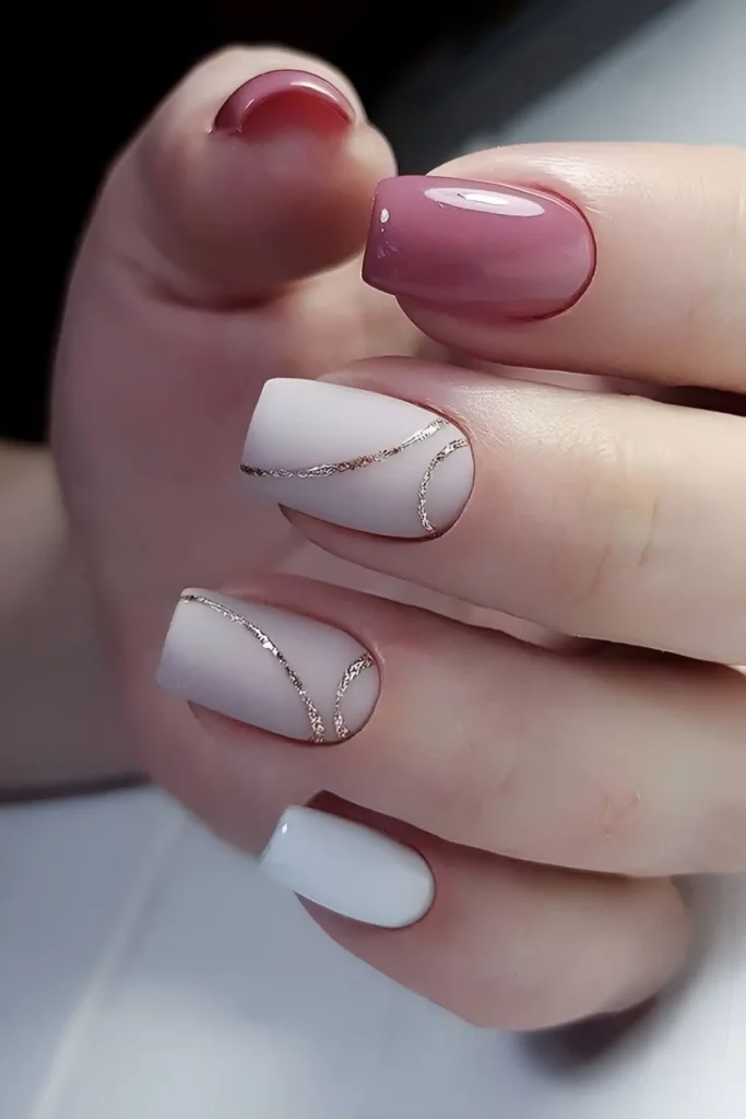 Short, square-shaped nails. Some are painted a solid glossy dusty rose or light pink. Others feature a nude base with a thin, slightly curved horizontal line of gold glitter. Chic and Elegant Nail Designs