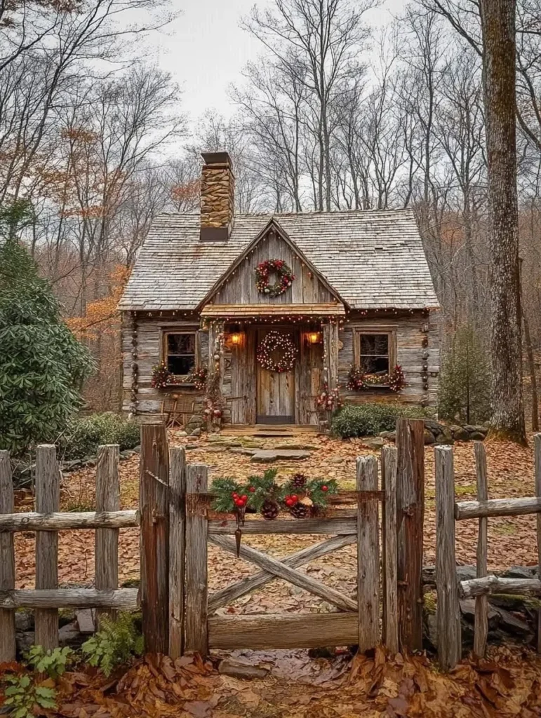 Festive log cabin with Christmas lights and decorations in a wooded setting.