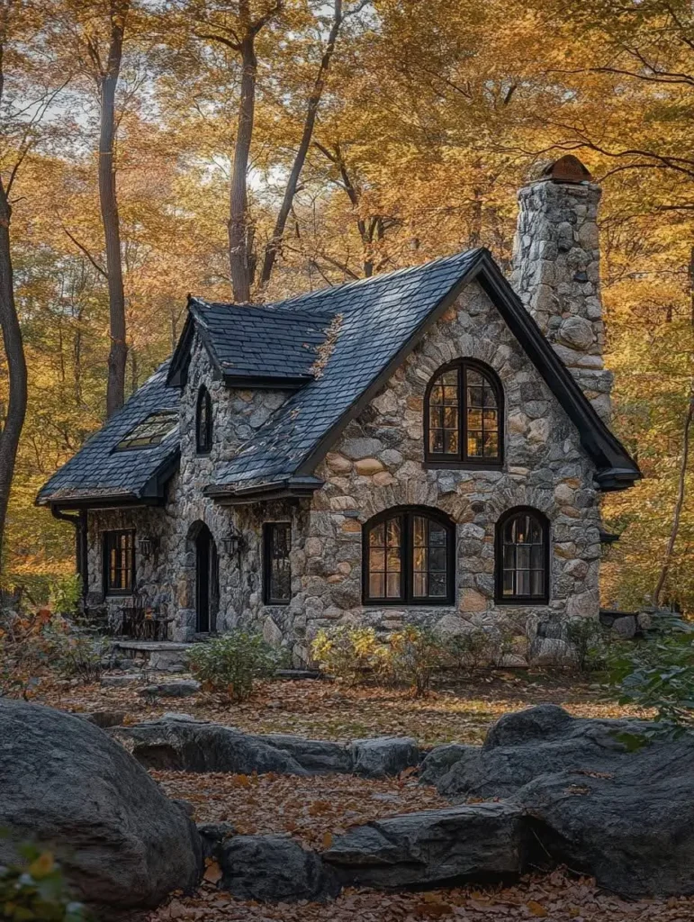 Charming stone cottage nestled in autumn woods with arched windows and rustic appeal.