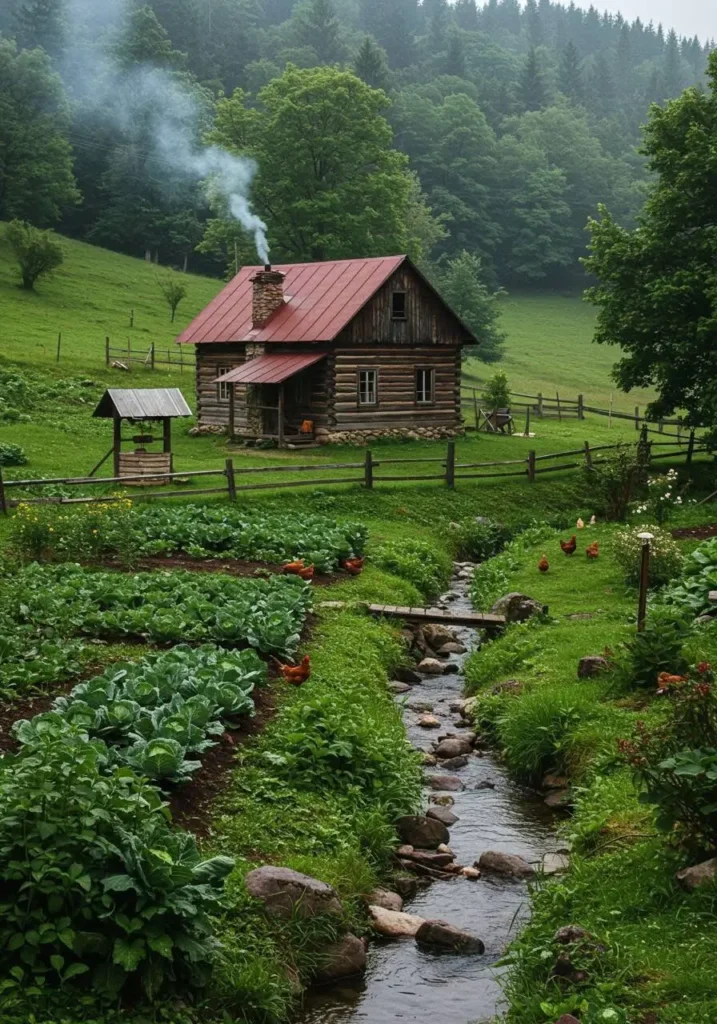 Rustic log cabin with a red roof, garden, and flowing creek in a green countryside setting.