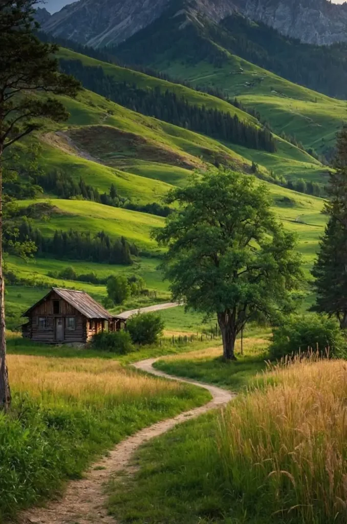 Remote log cabin in lush green hills with a winding dirt path and scenic mountain views in the background.