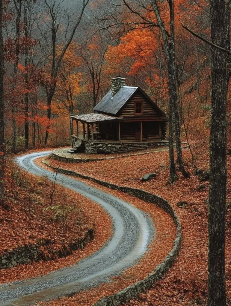 Log cabin with a stone chimney, surrounded by vibrant autumn trees, and a winding gravel road leading to the entrance.