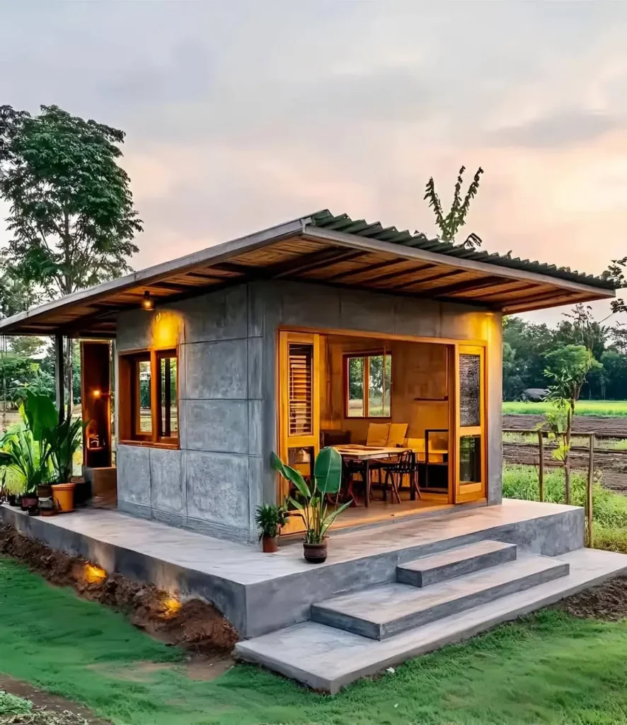 Contemporary minimalist cabin with concrete and wood exterior, featuring large windows, a cozy patio, and warm lighting, surrounded by greenery.