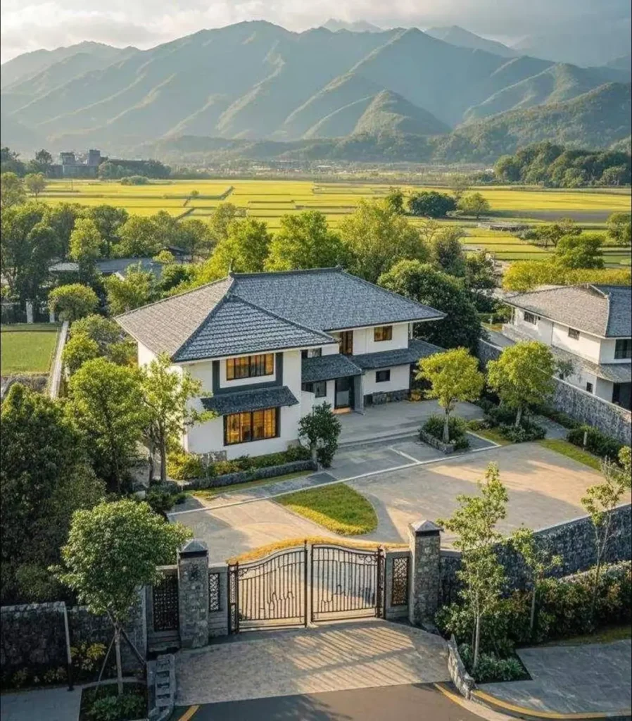 Stunning countryside villa with a gated entrance, lush gardens, and breathtaking mountain views, blending traditional architecture with modern comfort.