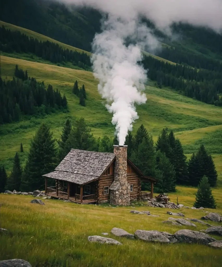 Cozy mountain cabin with a stone chimney releasing smoke, set against rolling green hills and tall pine trees, offering a tranquil nature escape.