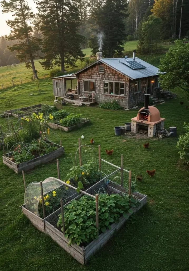 Rustic off-grid cabin with solar panels, a lush vegetable garden, free-range chickens, and a wood-fired oven, offering a sustainable countryside retreat.