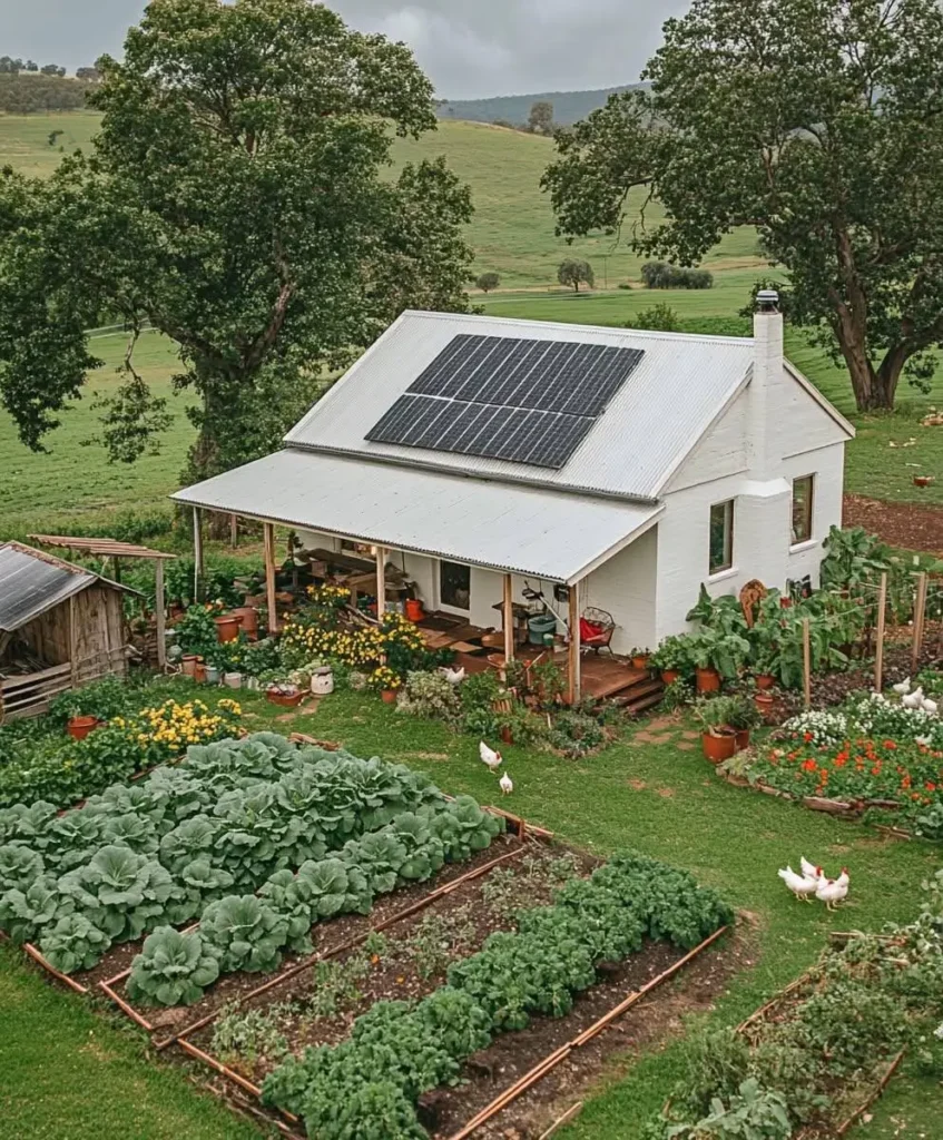 White farmhouse with solar panels, a lush vegetable garden, and free-ranging chickens, offering a sustainable off-grid lifestyle in the countryside.