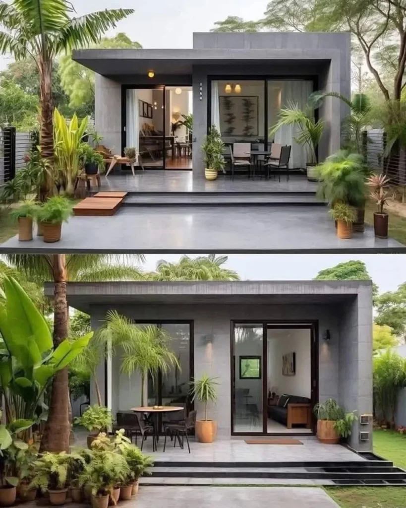 Modern minimalist retreat with an open patio, tropical greenery, and sleek architecture, creating a relaxing nature-inspired getaway.