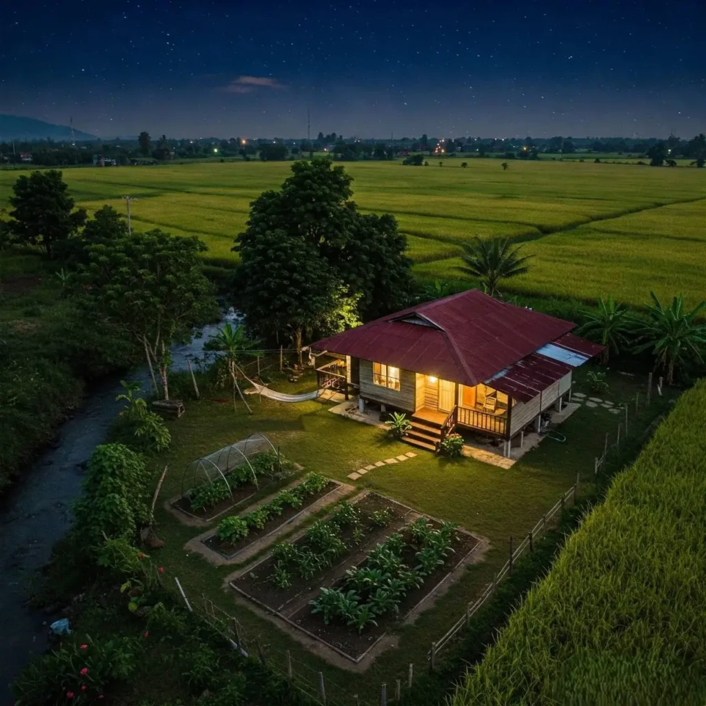 Cozy farmhouse retreat at night, surrounded by rice fields, a vegetable garden, and a hammock by the creek under a starry sky.