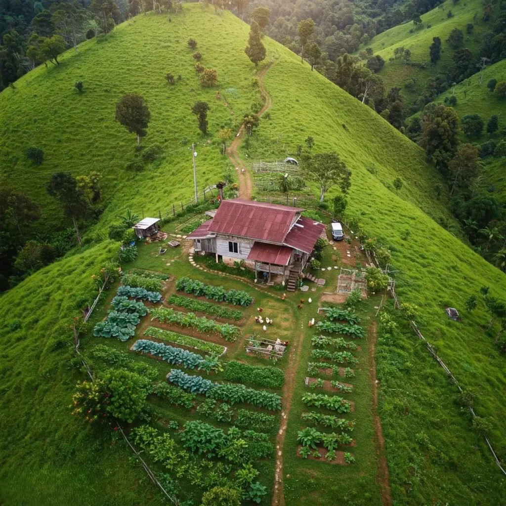 A cozy hilltop cabin with a lush vegetable garden, surrounded by rolling green hills and a peaceful rural landscape.