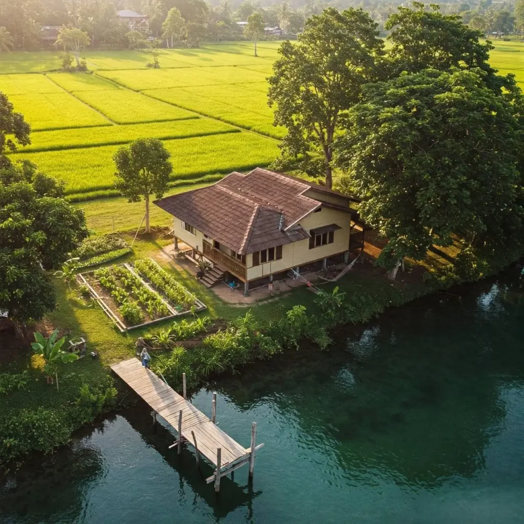 A cozy riverside cabin with a private wooden dock, surrounded by green trees, rice fields, and a small vegetable garden.