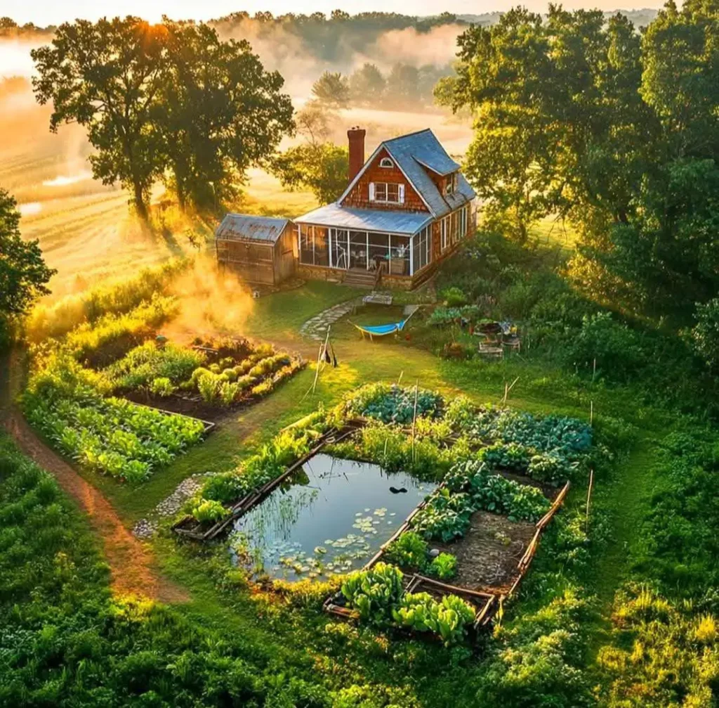 A rustic farmhouse cabin with a vegetable garden and a small pond, bathed in golden sunrise light, surrounded by misty fields and lush greenery.