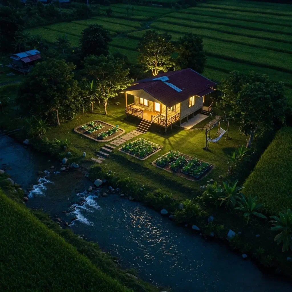 A warmly lit riverside cabin with a garden, hammock, and surrounding greenery, glowing beautifully against the dark night sky.