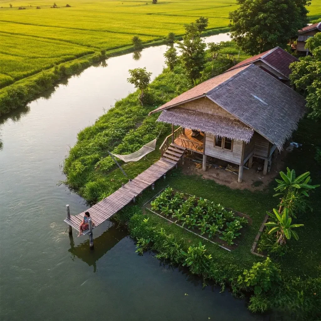 A bamboo riverside cabin with a wooden dock, hammock, and lush greenery, offering a peaceful retreat by the water.