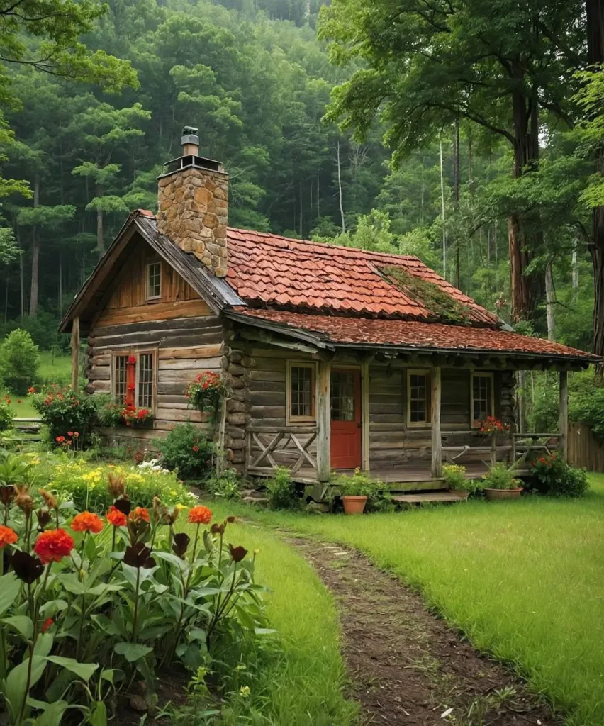 A rustic log cabin with a red-tile roof, stone chimney, and a lush garden filled with colorful flowers.