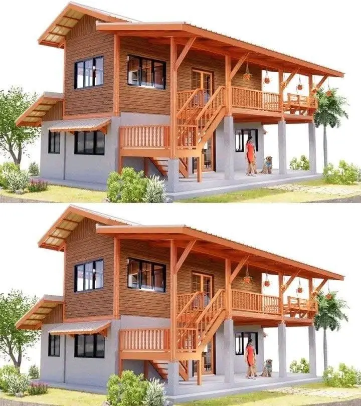 A modern elevated wooden cabin with a large balcony, wooden staircase, and a sturdy concrete base.