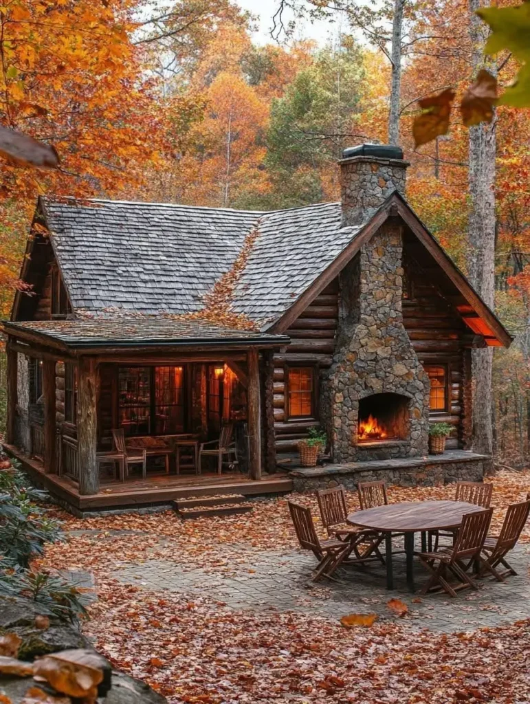 A cozy log cabin with an outdoor fireplace, surrounded by autumn leaves and a wooden dining set.