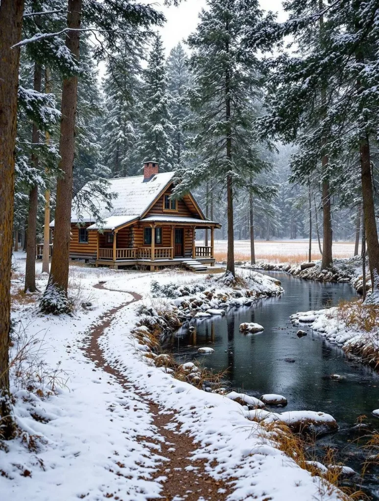 A snow-covered log cabin beside a stream, surrounded by tall evergreen trees in a winter landscape.