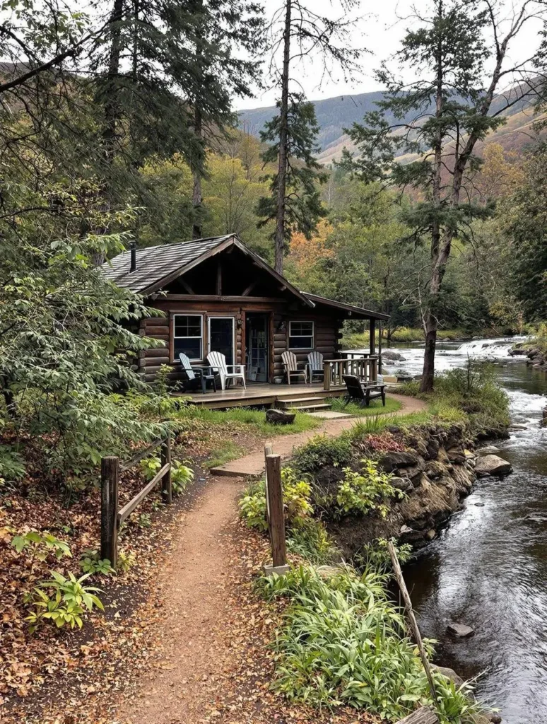 A rustic log cabin with a wraparound porch, nestled beside a flowing river, surrounded by lush trees and mountain scenery.