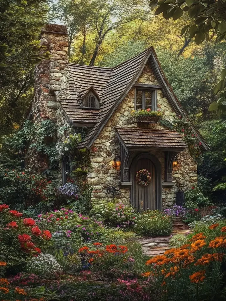 A charming stone cottage with a steep roof, ivy-covered walls, and a vibrant flower garden, evoking a magical fairytale setting.