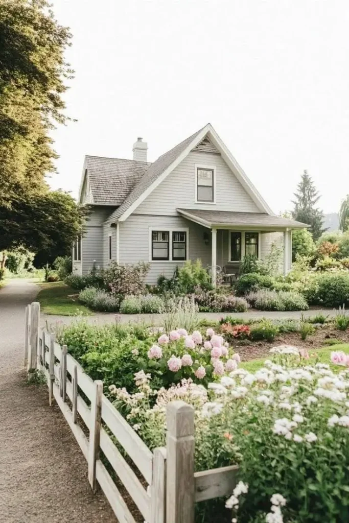 A picturesque country cottage with a lush flower garden, white picket fence, and a welcoming front porch, surrounded by serene countryside. Escape into nature with these cozy cabin retreats! 