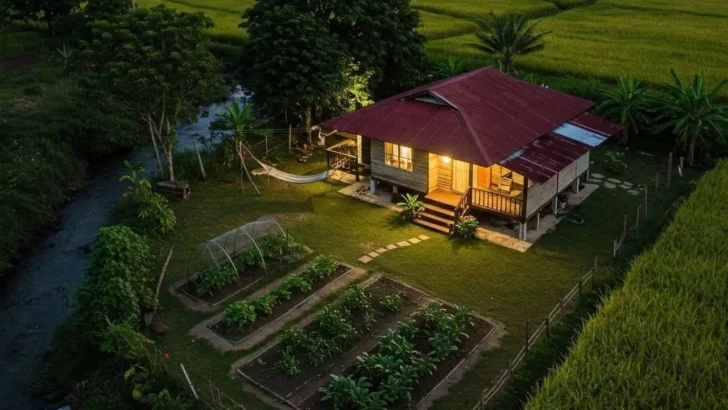 Cozy farmhouse retreat at night, surrounded by rice fields, a vegetable garden, and a hammock by the creek under a starry sky. Cozy Cabin Retreats