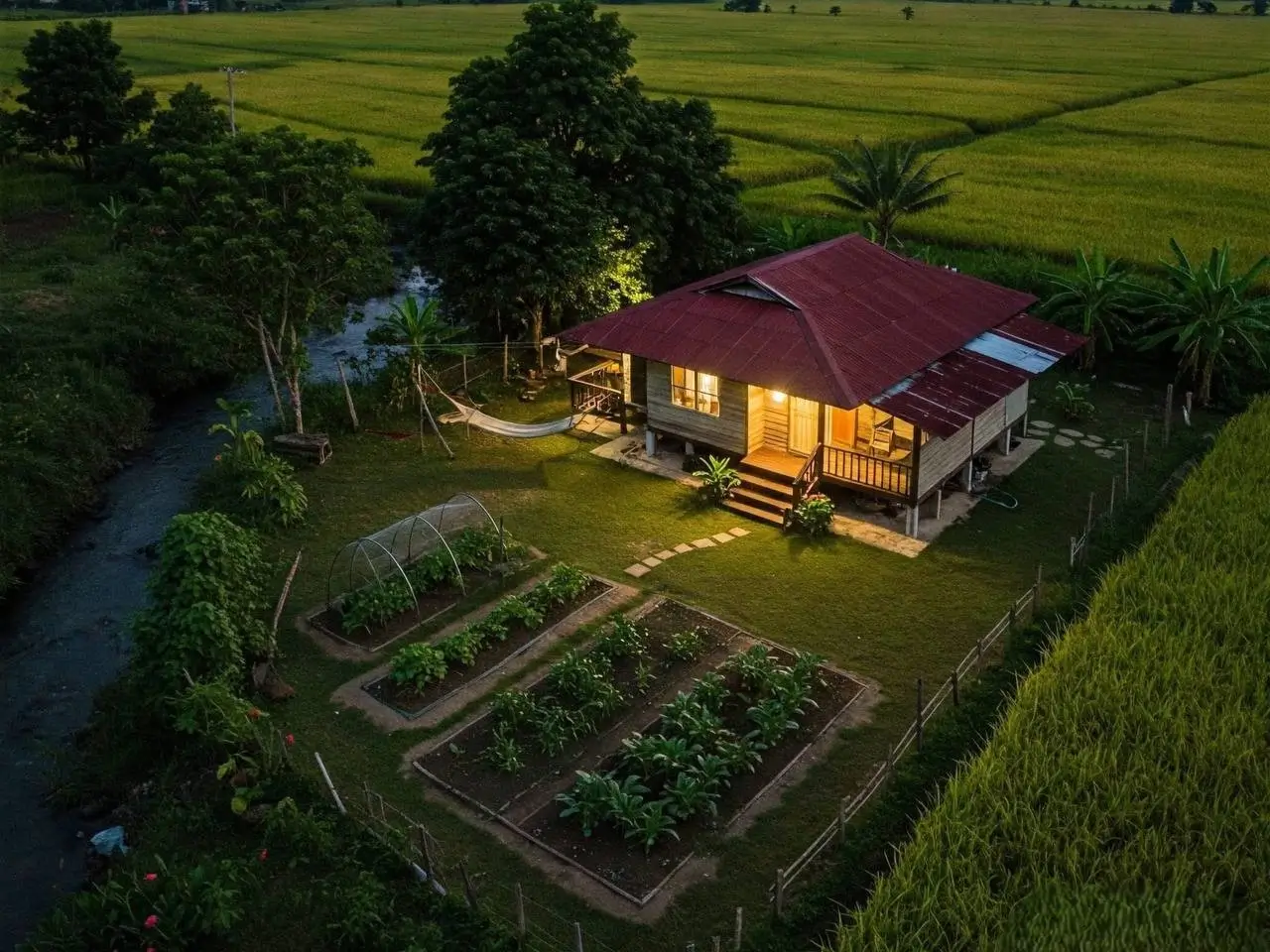 Cozy farmhouse retreat at night, surrounded by rice fields, a vegetable garden, and a hammock by the creek under a starry sky. Cozy Cabin Retreats