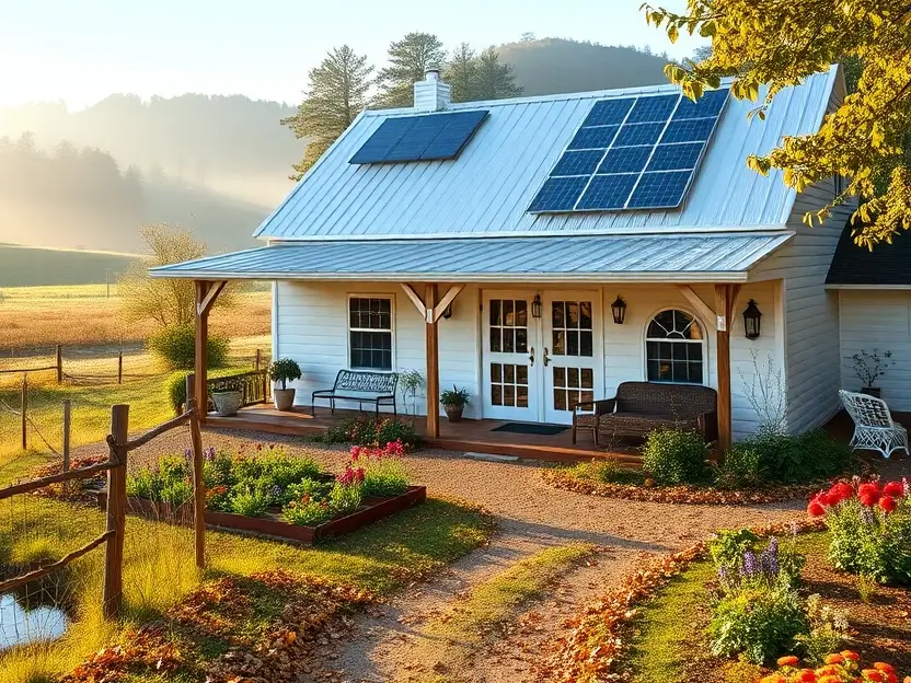 White cottage with a metal roof, multiple solar panels, a dormer window, and a wraparound porch, bathed in sunlight.