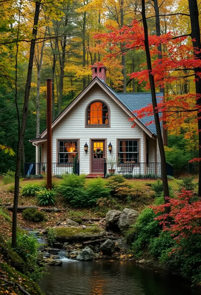 Charming forest cottage with a stream, surrounded by vibrant autumn foliage.