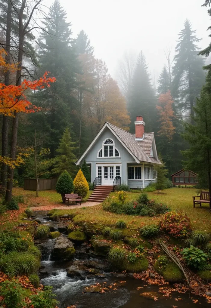 Light blue-gray cottage nestled in a misty forest, with a flowing stream and autumn leaves.