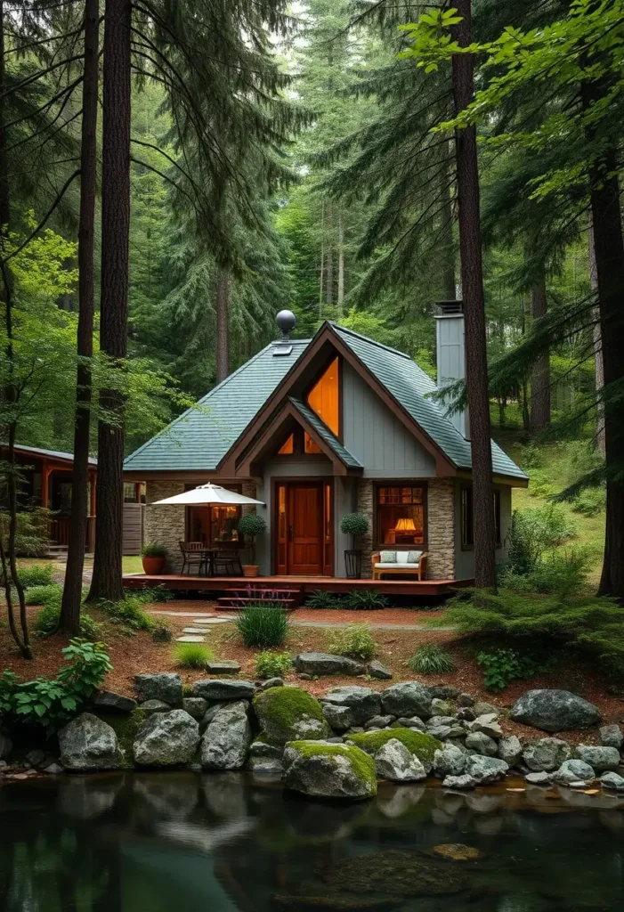 Forest cottage featuring stone accents, wooden siding, and a natural pond, reflecting the surrounding trees.