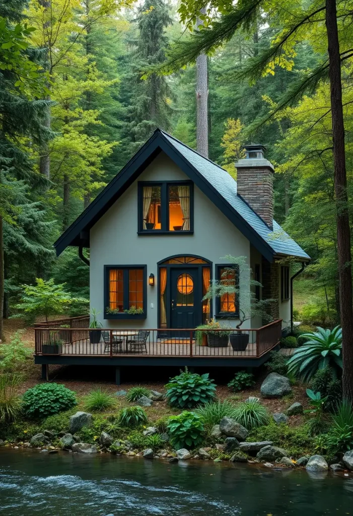 Cozy cottage with a wooden deck overlooking a stream, surrounded by lush greenery.