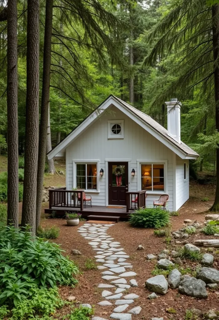 White forest cottage with a stone pathway leading to a small front porch with warm lighting.