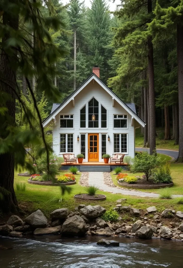 Forest cottage with tall windows and a bright, warm interior glow, viewed from across a stream.